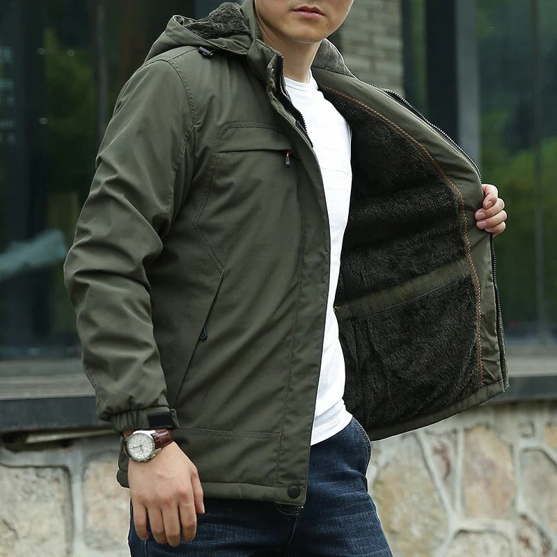 Men's Boreal thermal winter jacket in neutral tone, rugged insulated shell, slim anti-bulk fit