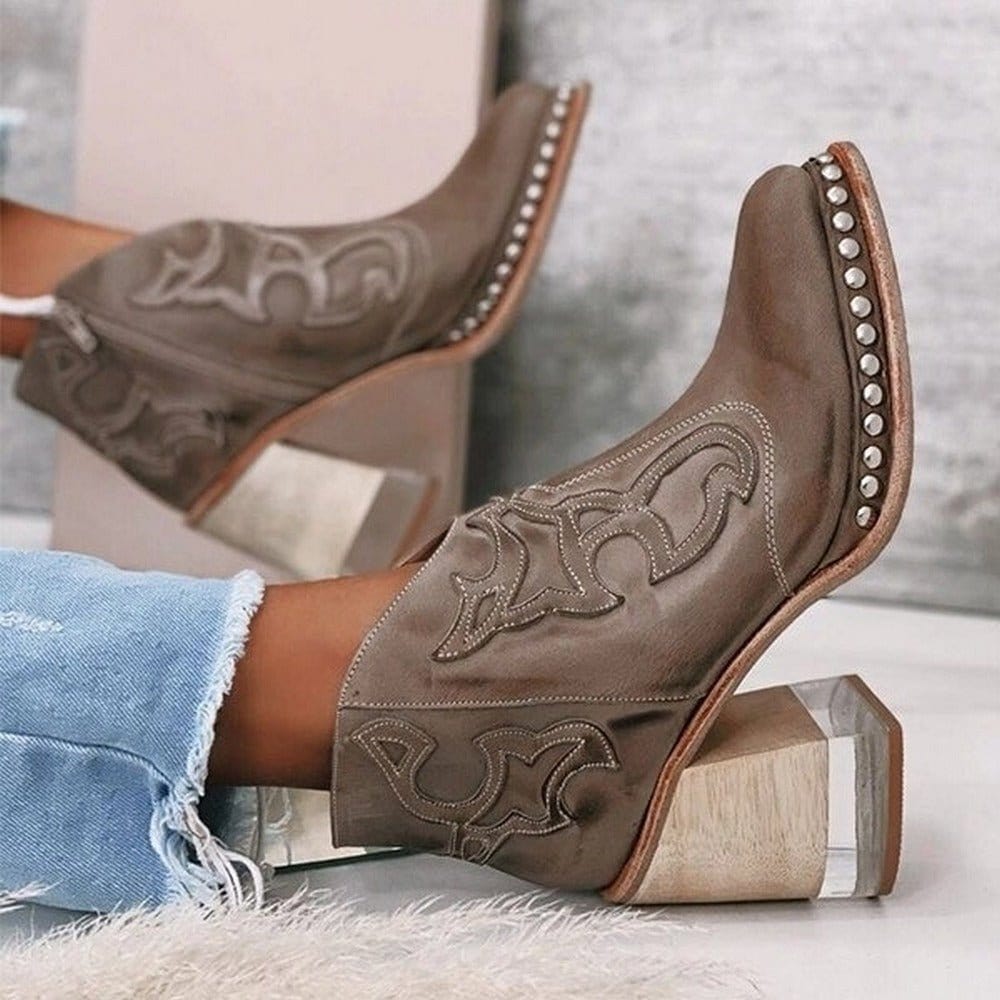 Bella western boots mid-calf silhouette in classic brown with traditional western detailing and modern polish