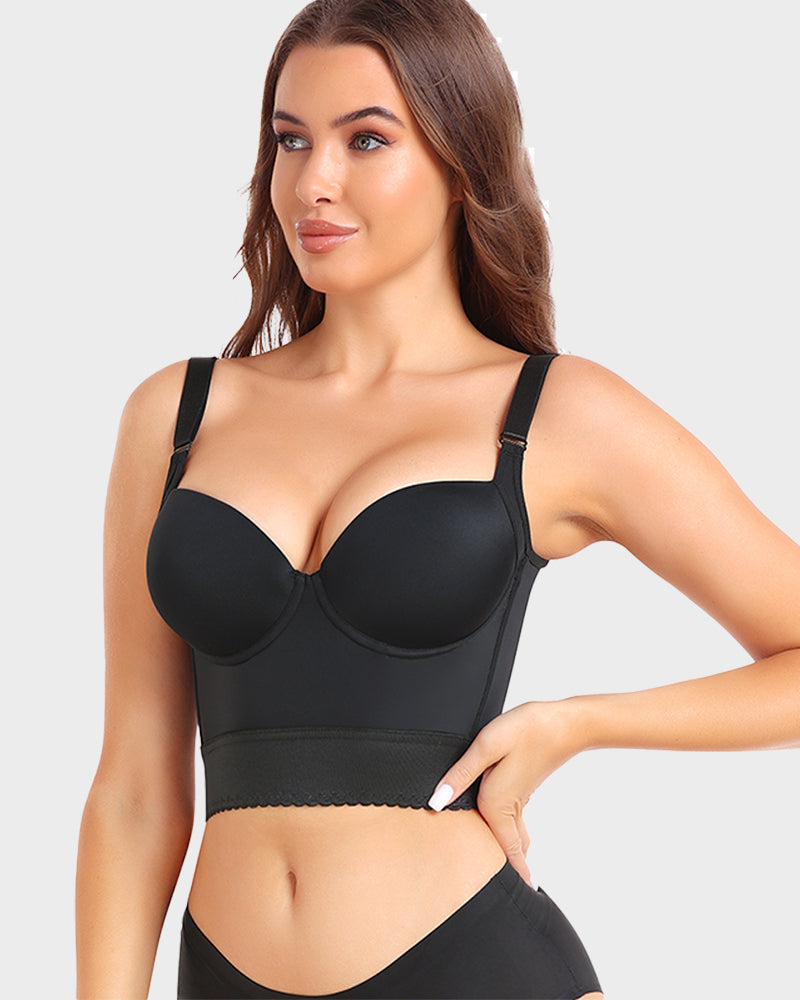 Black longline push-up bra with built-in shapewear panels for sculpting and smoothing the silhouette