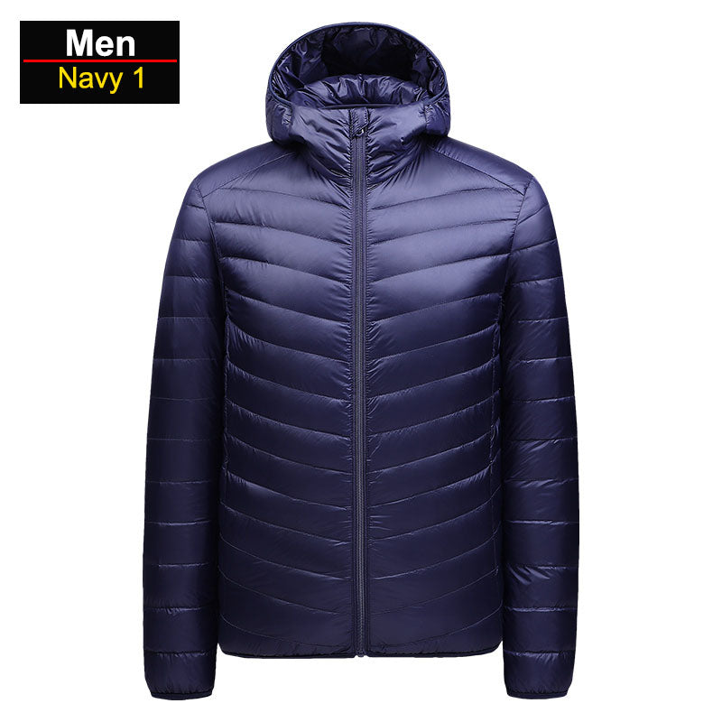 Men's ultralight packable puffer jacket in winter colorway, windproof slim fit with feather-light insulation