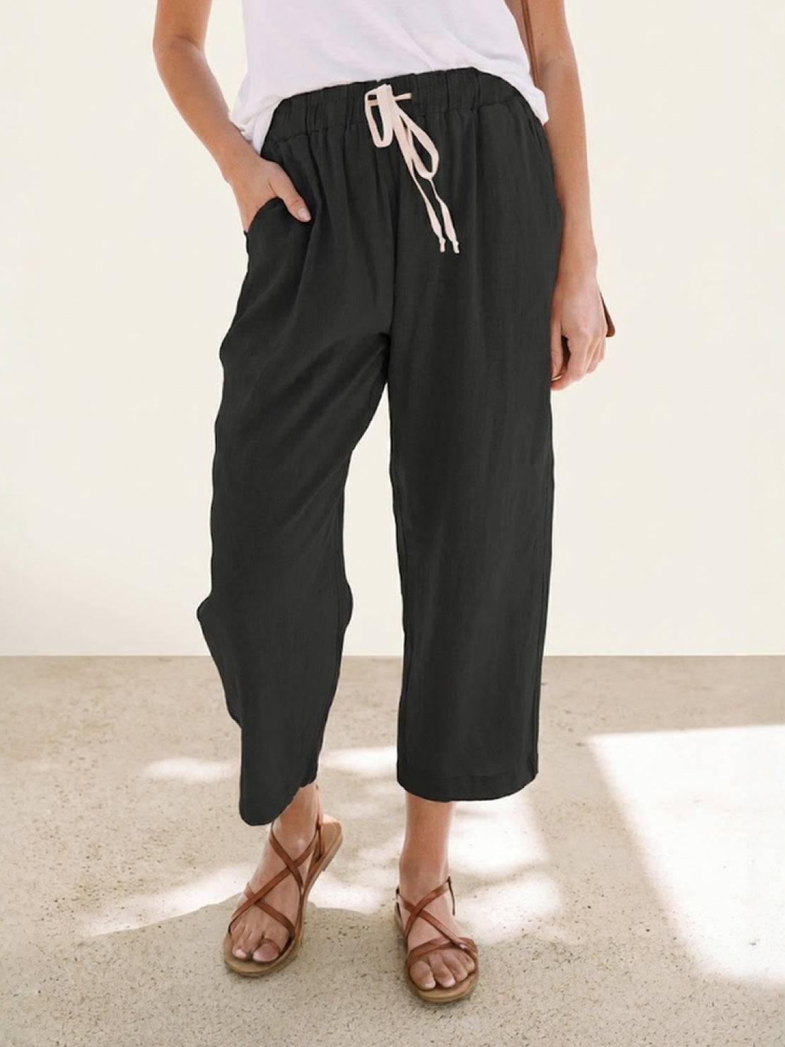 Women's casual straight-leg drawstring pants relaxed fit natural texture everyday essential