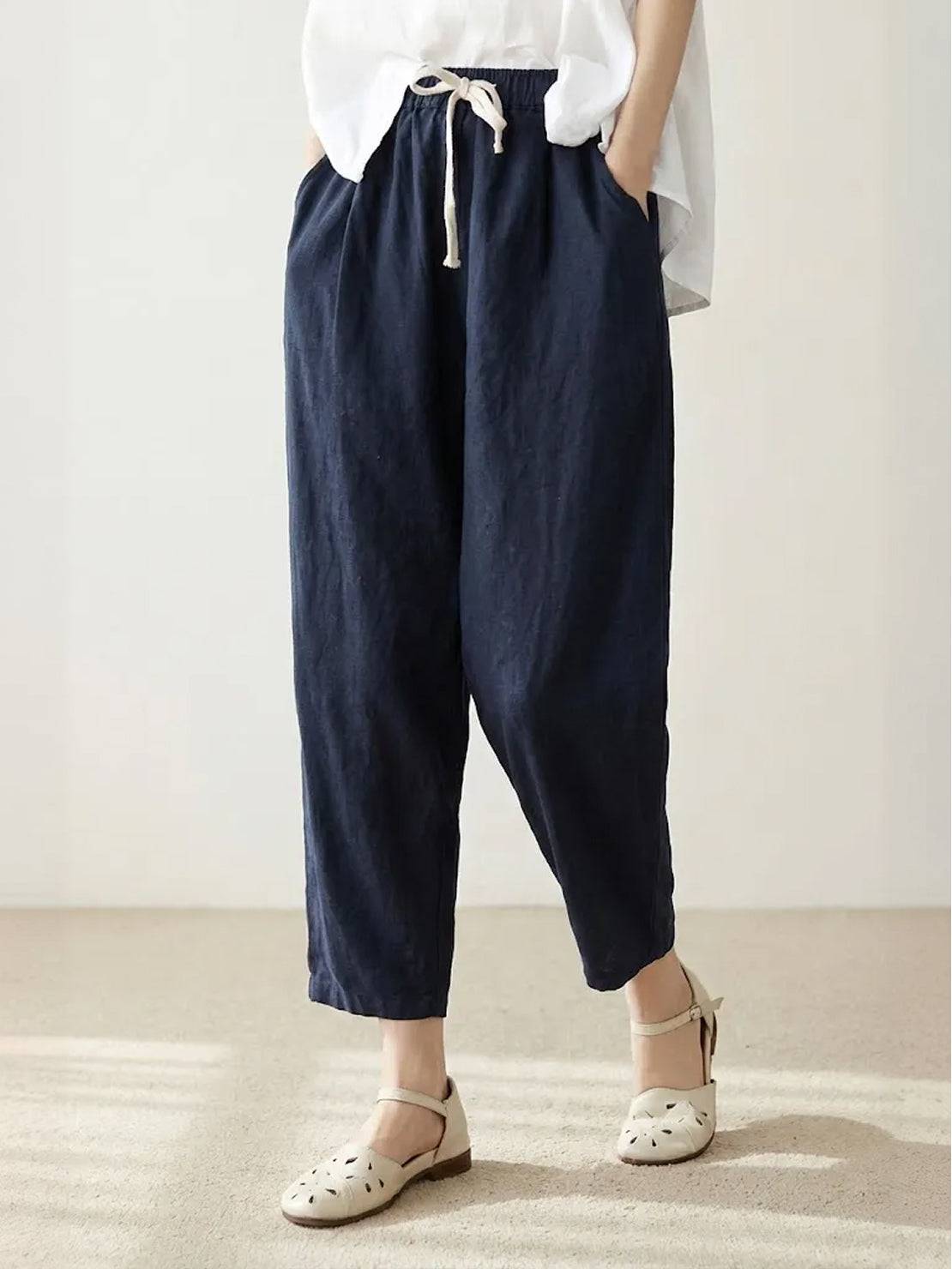 Women's casual straight-leg drawstring pants relaxed fit natural texture everyday essential