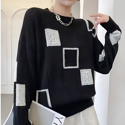 Elegant square pattern cream sweater with soft flattering fit and chic contemporary knit design