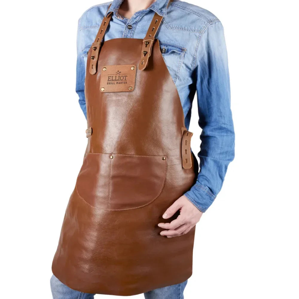 Personalized genuine buffalo leather apron with custom engraved name badge, rugged handmade workwear