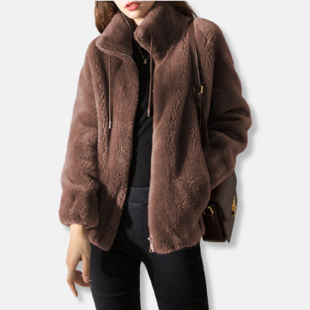 Women's cozy fleece jacket relaxed fit stand collar full zip elastic cuffs casual everyday outerwear
