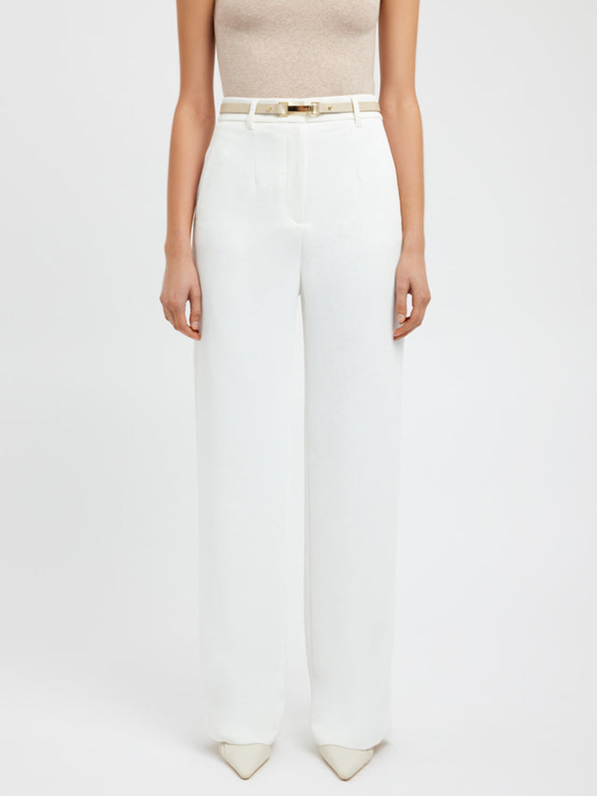 Beige business casual straight-leg pants with side pockets, regular fit, woven fabric work trousers