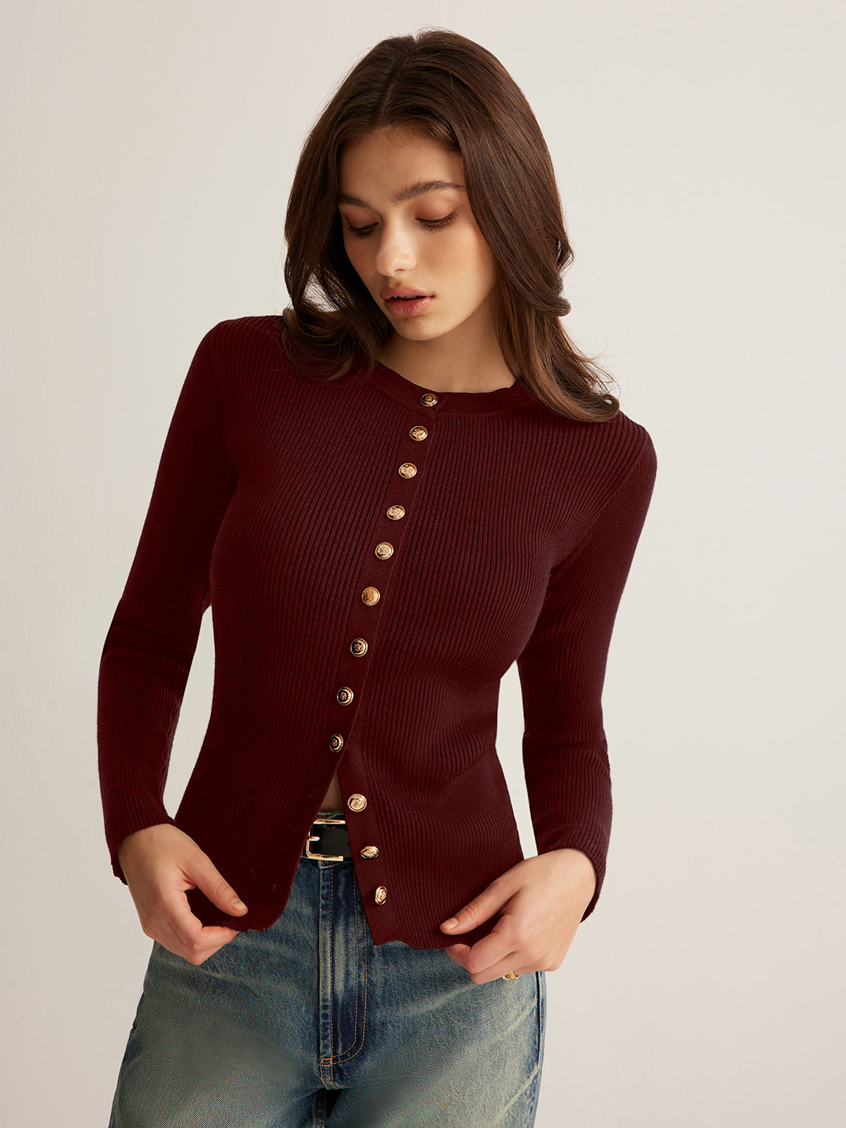 Elegant skinny knit top with button-down front, slim fit polyester blouse for work and leisure