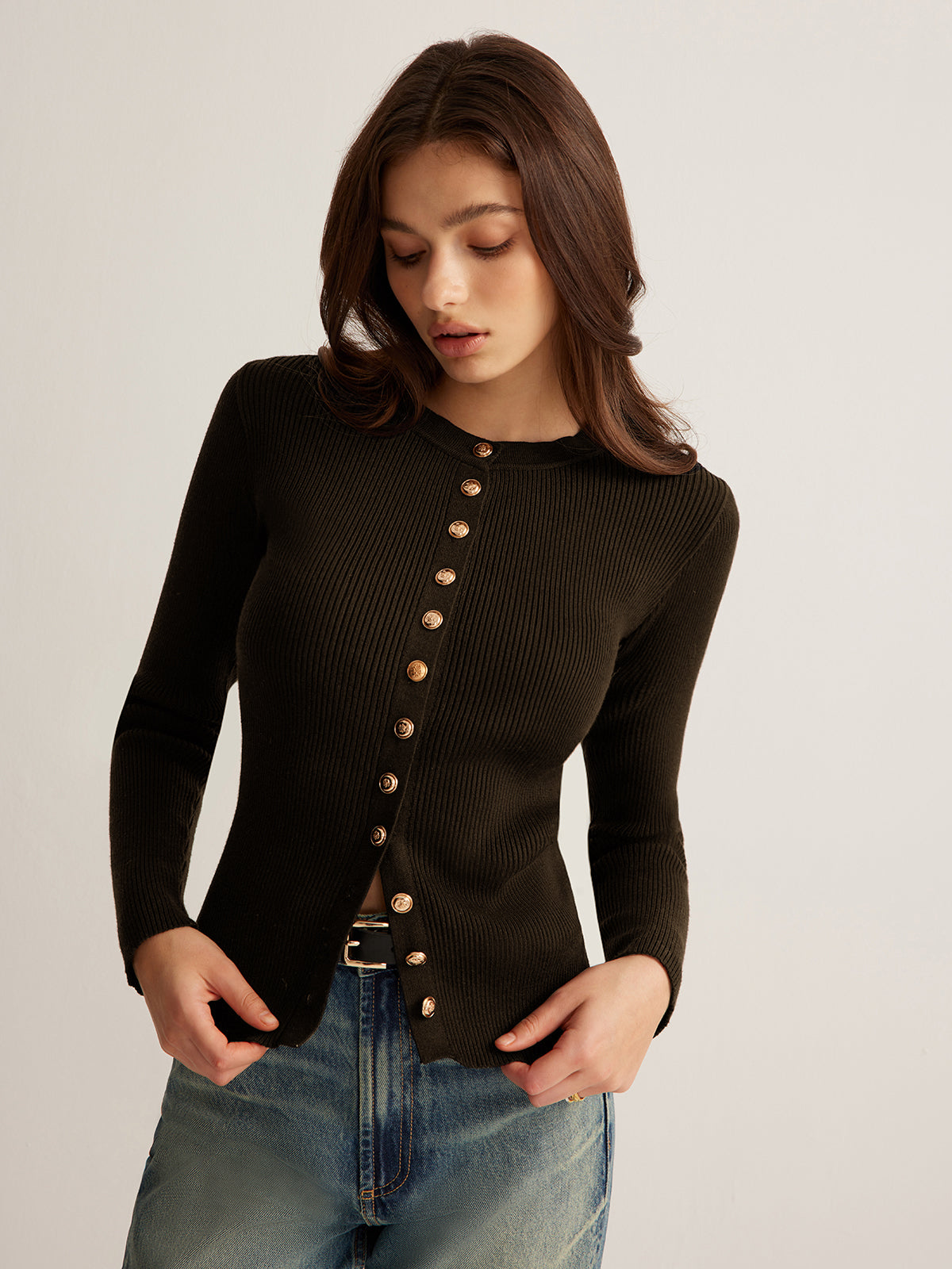 White button-down skinny knit top slim fit elegant polyester blouse with front button detail