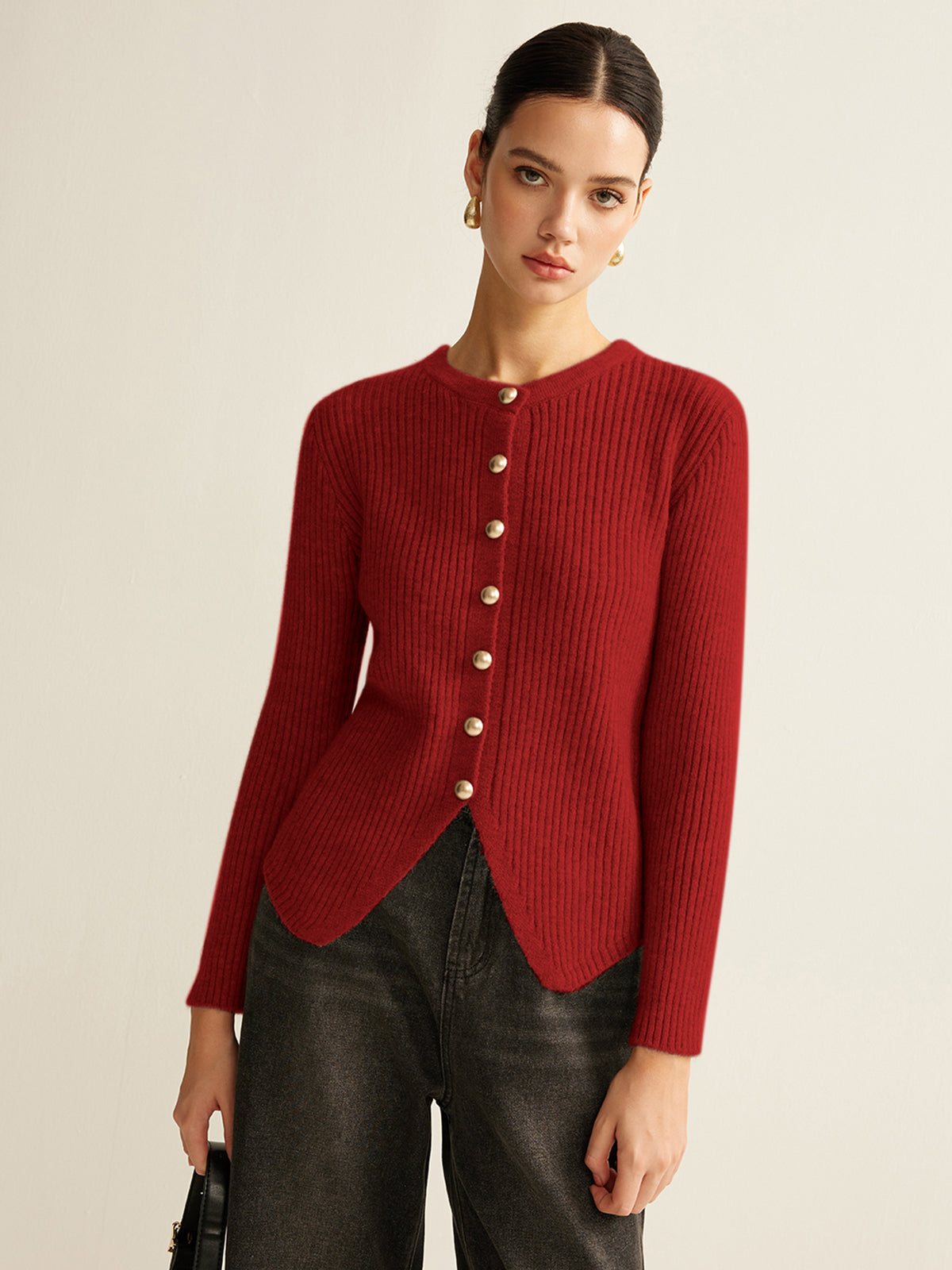 Elegant button-down split cardigan regular fit work knit with medium stretch