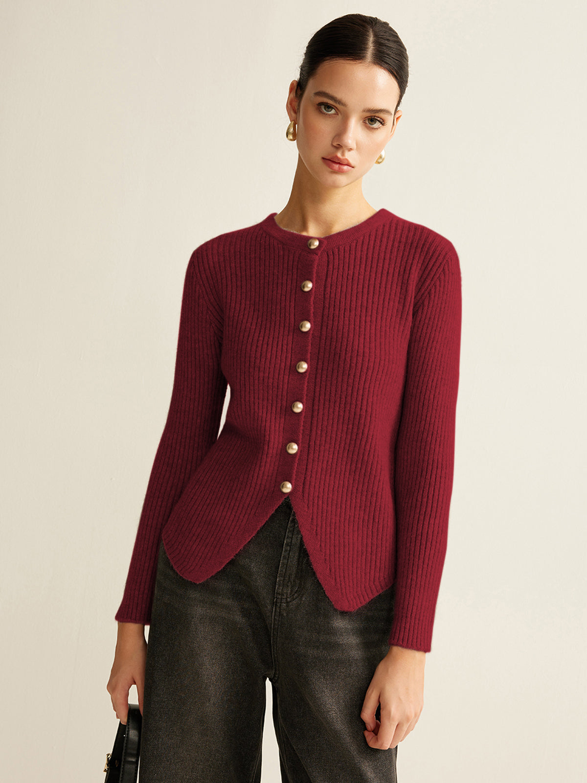 Elegant button-down split cardigan regular fit work style with medium stretch knit fabric