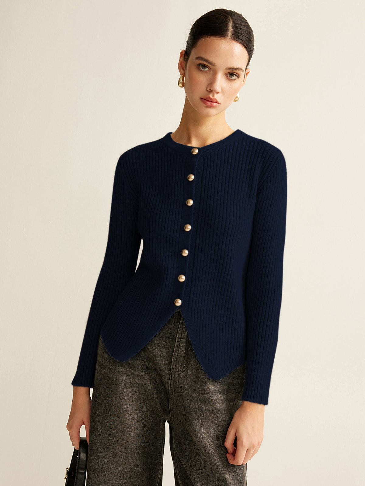 Elegant button-down split cardigan regular fit work knit with medium stretch