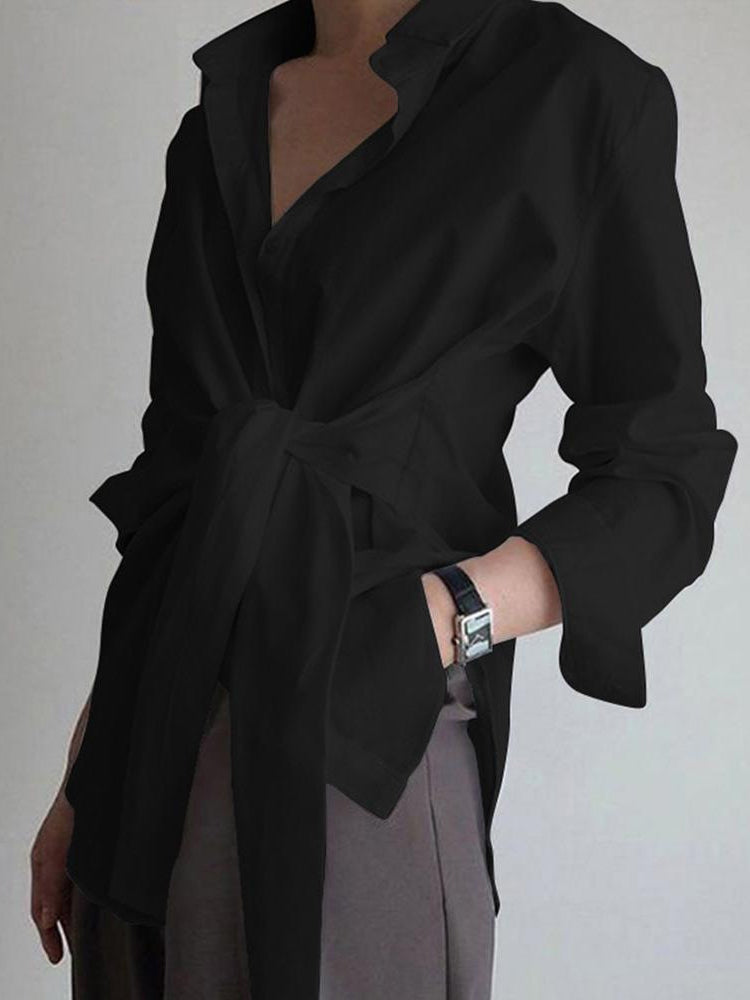 Casual long sleeve button-down shirt with knotted hem detail, shift fit, woven fabric vacation top