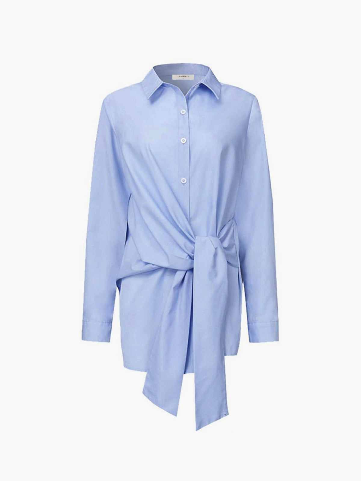 Casual long sleeve button-down shirt with knotted hem, collared woven fabric vacation top