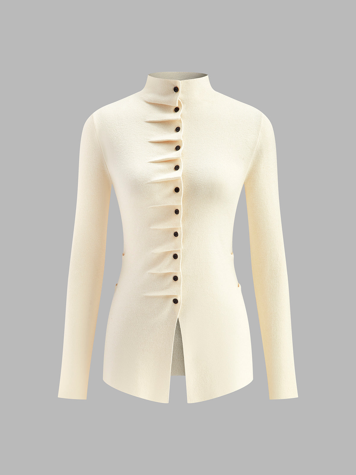 Casual long sleeve knit top with button detail, pleated front, and split hem in regular fit