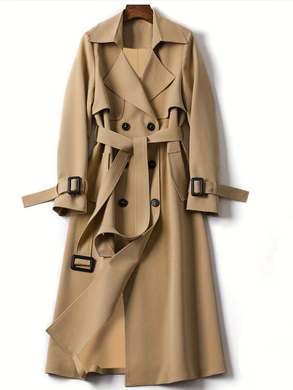 Women's elegant longline trench coat double-breasted belted office outerwear tailored silhouette