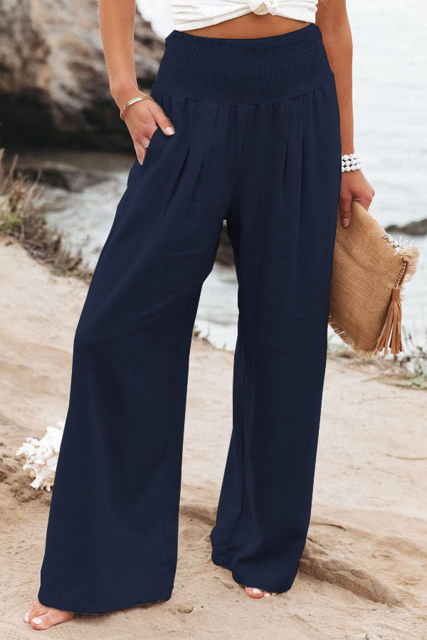 Women's wide leg vacation trousers in a breezy flowing silhouette with comfortable high-waist elastic band