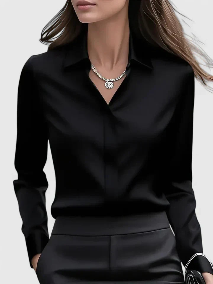 Navy blue satin women's button-down shirt with concealed placket, elegant slim office-ready fit