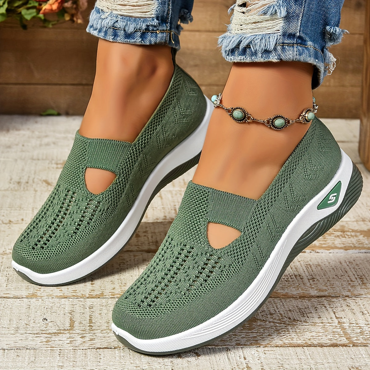 Women's slip-on knit sneakers in neutral tones, lightweight breathable upper with perforated pattern