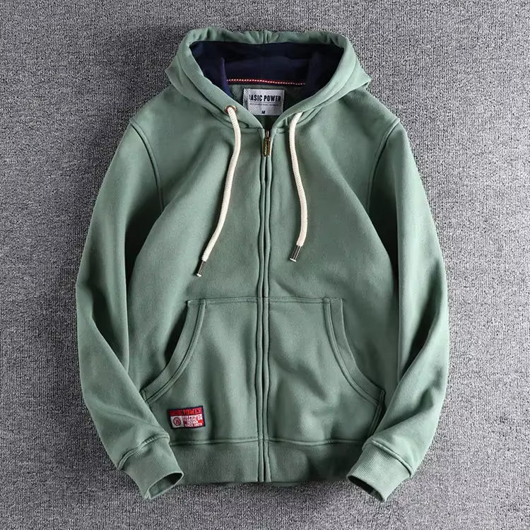 Men's relaxed fit cotton zip-up hoodie in neutral tone with plush fleece interior by Wavlynn
