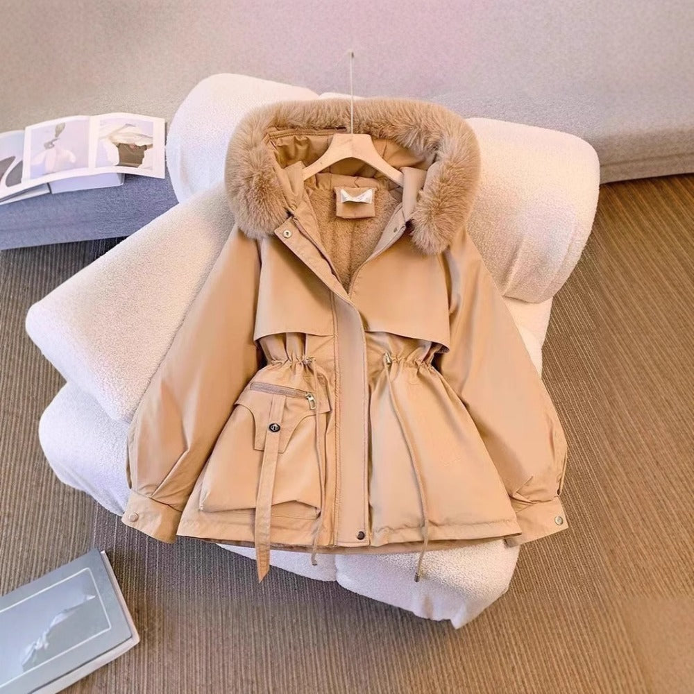 Women's cocoa brown faux fur winter coat with removable hood and adjustable waist