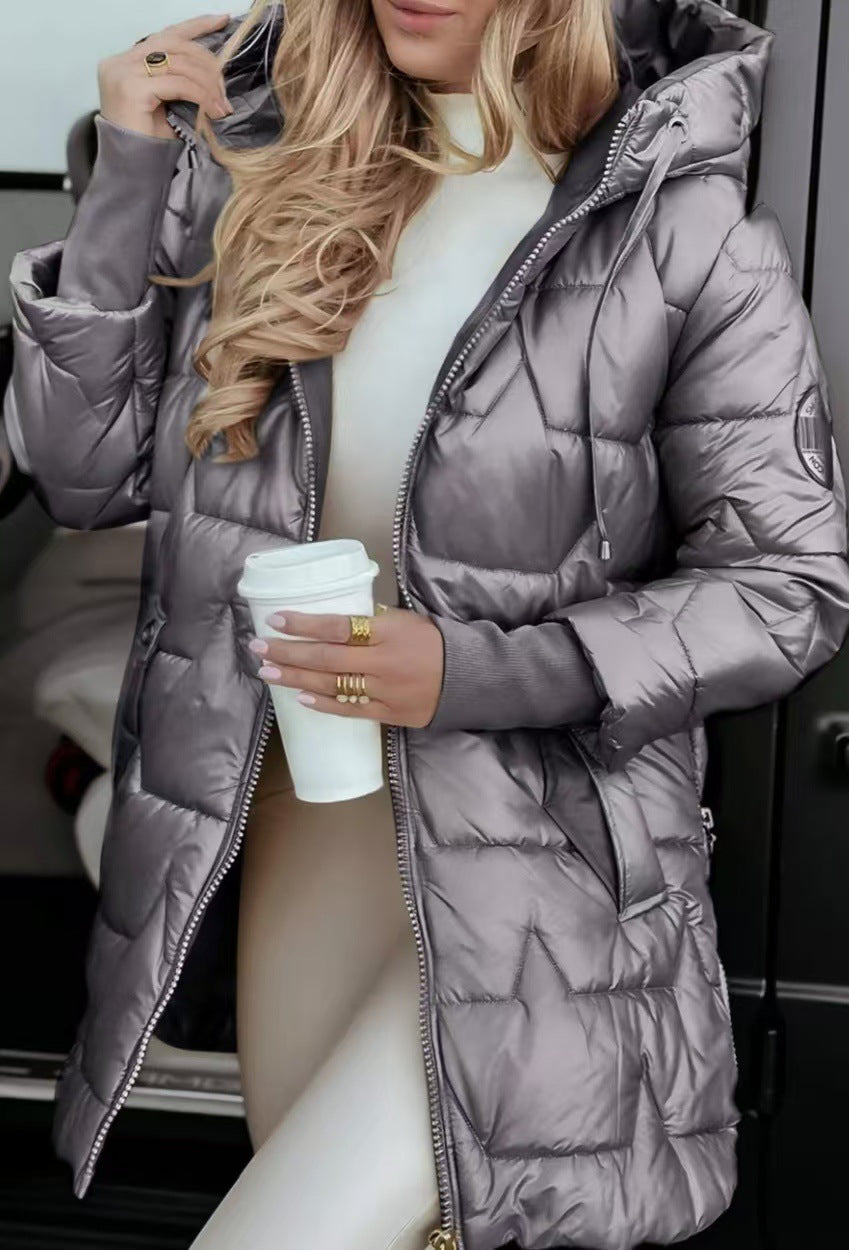 Unisex longline hooded puffer coat in neutral tones, insulated chic minimalist winter style