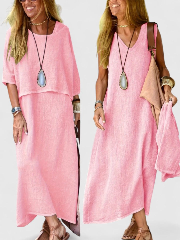Women's oatmeal linen two-piece set maxi dress and short sleeve top with V-neck relaxed fit