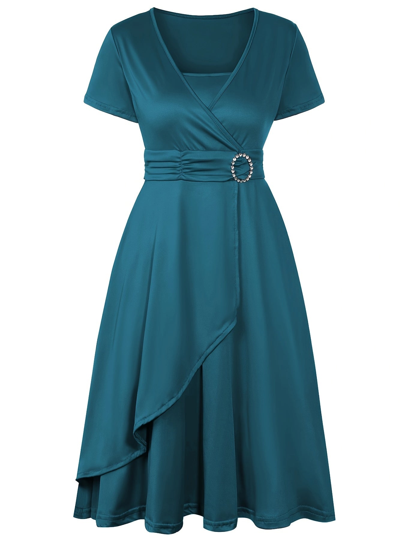 Women's deep navy wrap dress with V-neck, short sleeves, and elegant waist-cinching detail