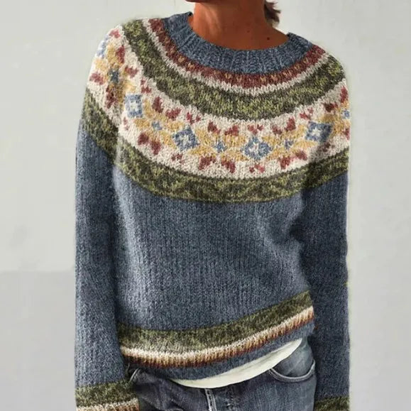 Elegant relaxed-fit Nordic pattern sweater in cozy cold-weather style with timeless sophistication