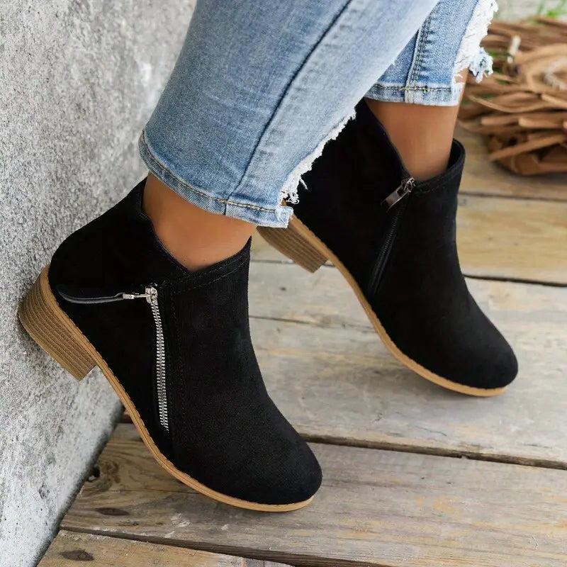 Women's suede-look ankle boots low heel round toe zipper closure everyday chic footwear