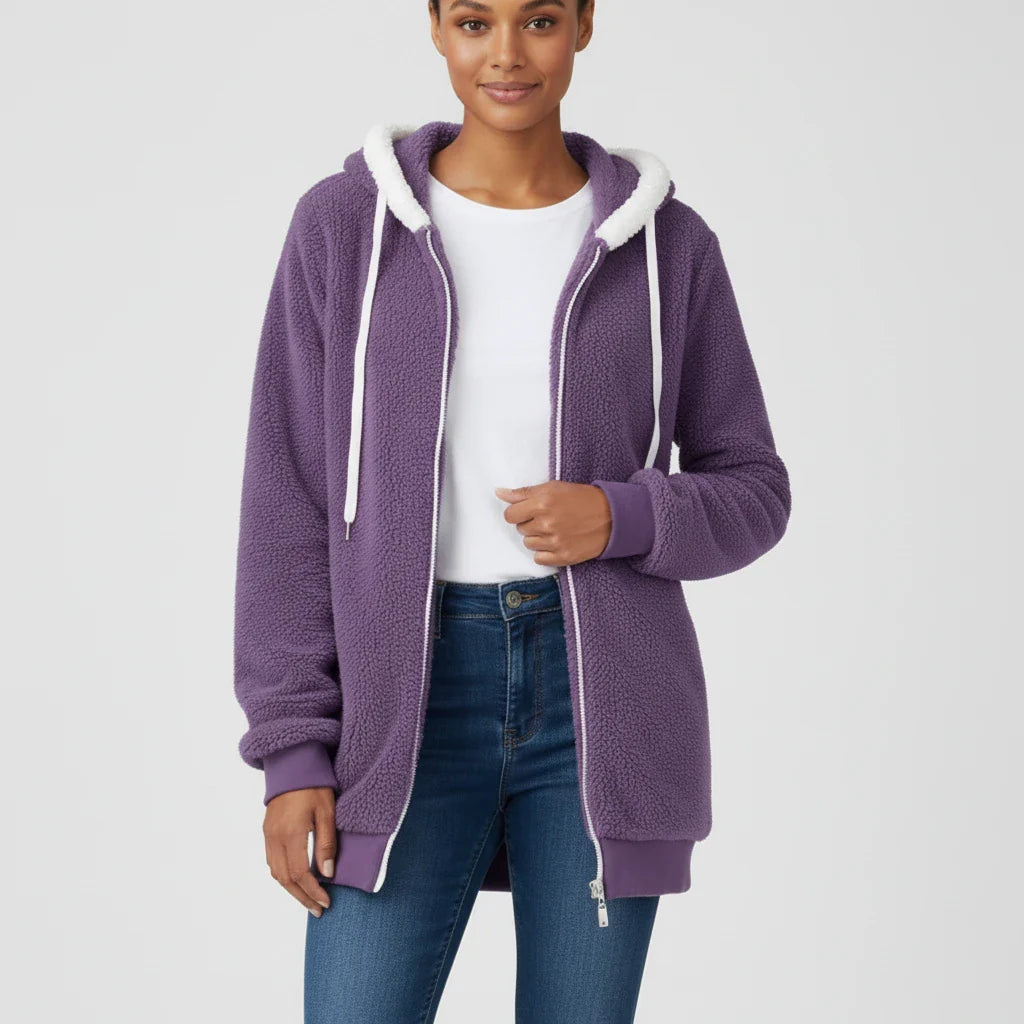 Women's hooded zip-up sherpa-lined sweater in relaxed mid-length silhouette for cozy layering