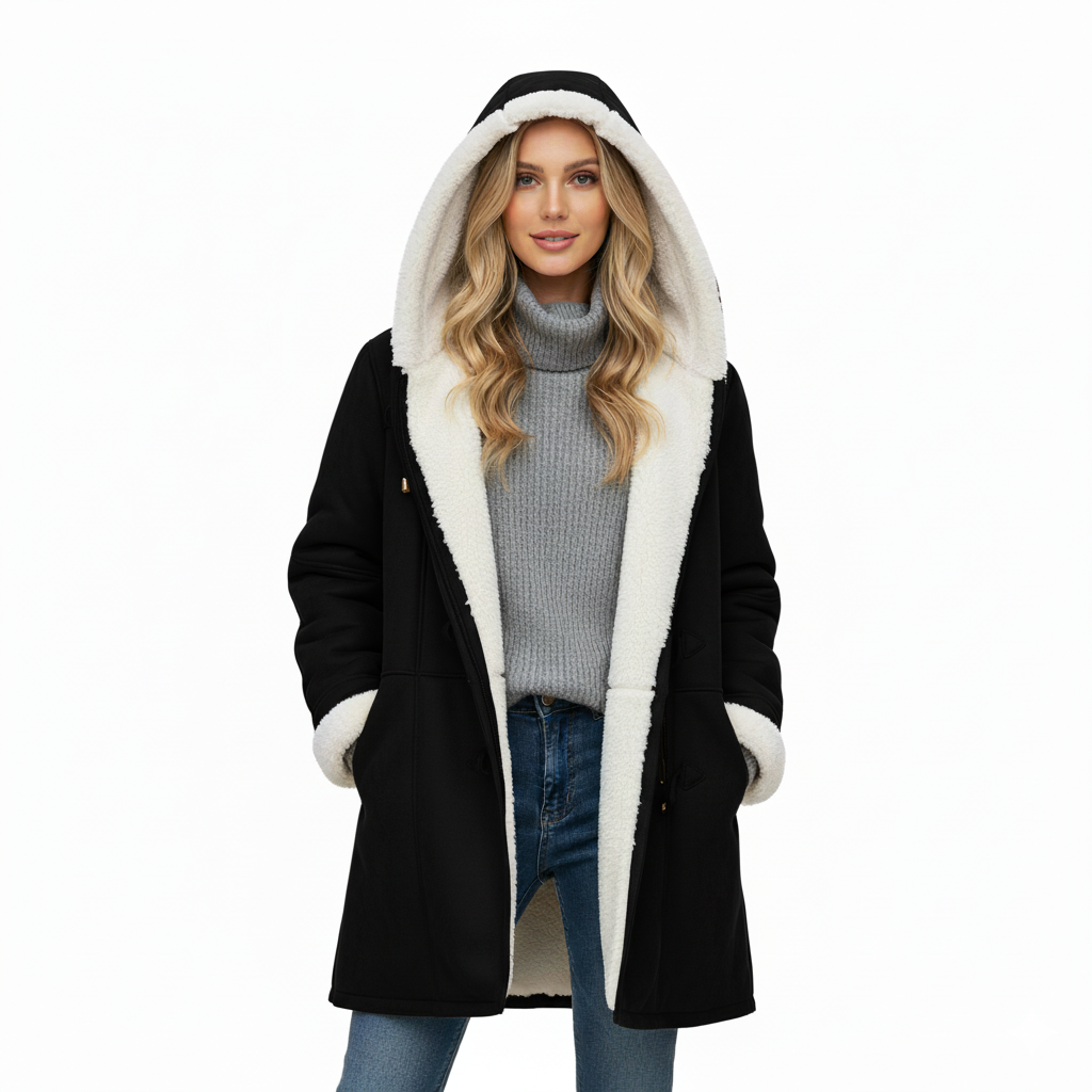 Women's mid-length hooded toggle coat with plush lining, cozy relaxed fit for all-day warmth