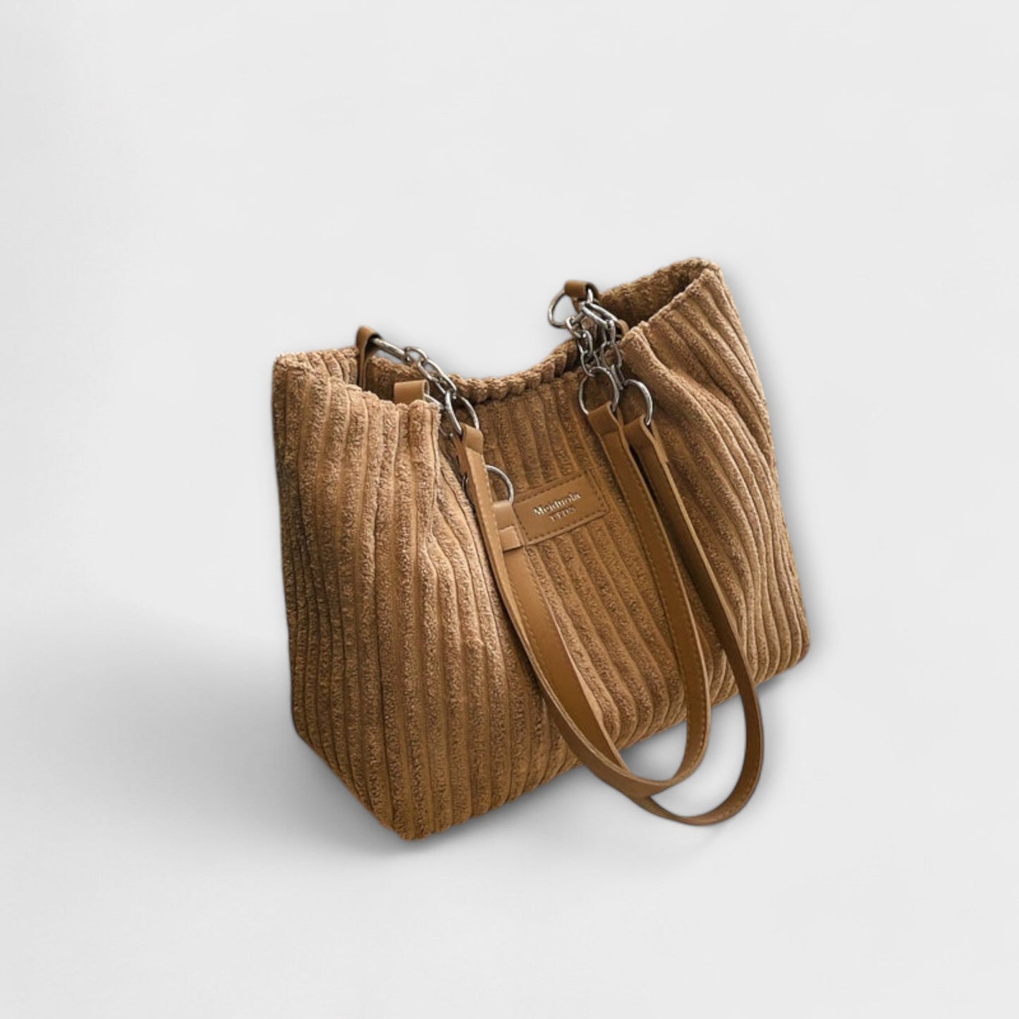 Ribbed shoulder bag with metal chain strap, modern urban design in neutral tone