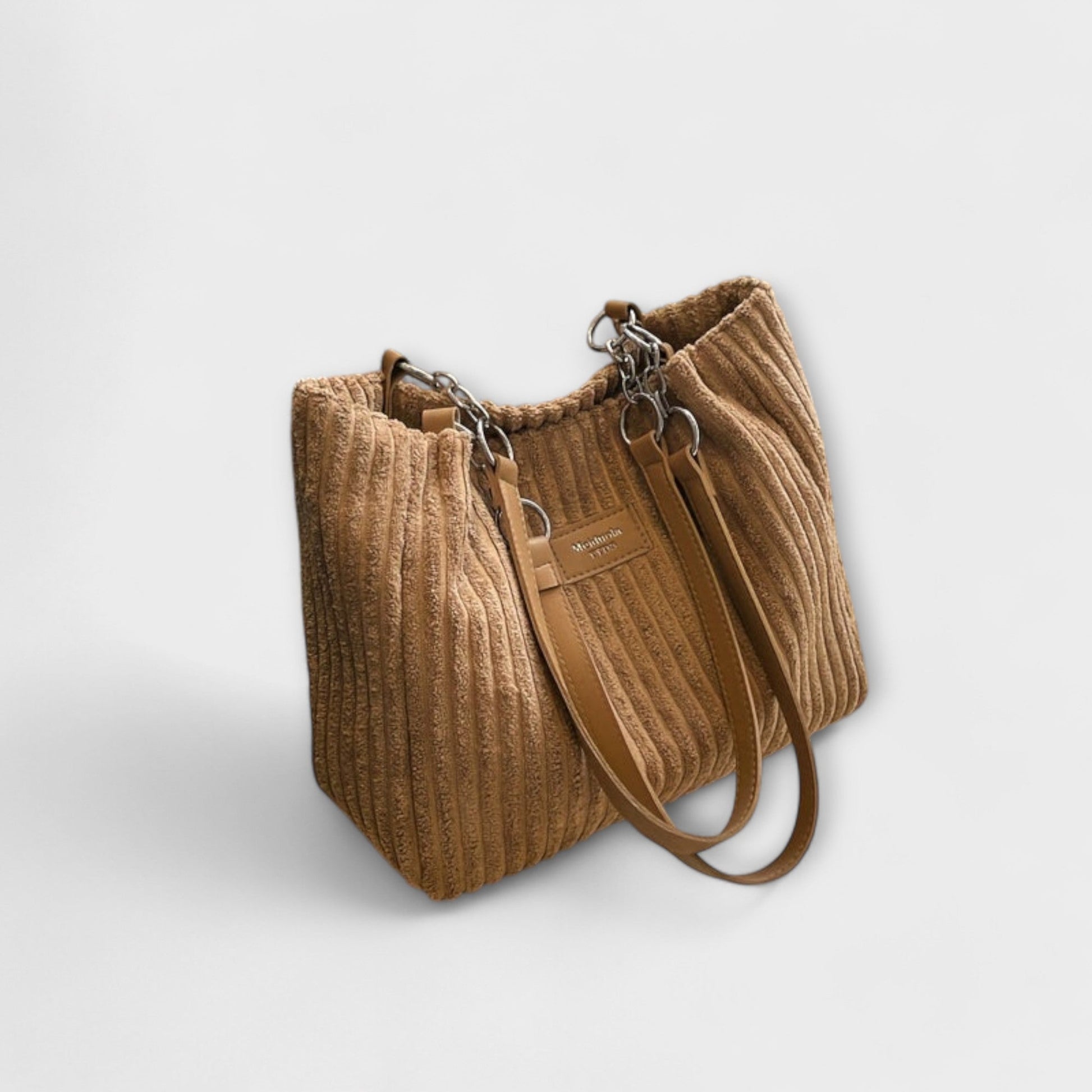 Ribbed shoulder bag with metal chain strap, modern urban design in neutral tone