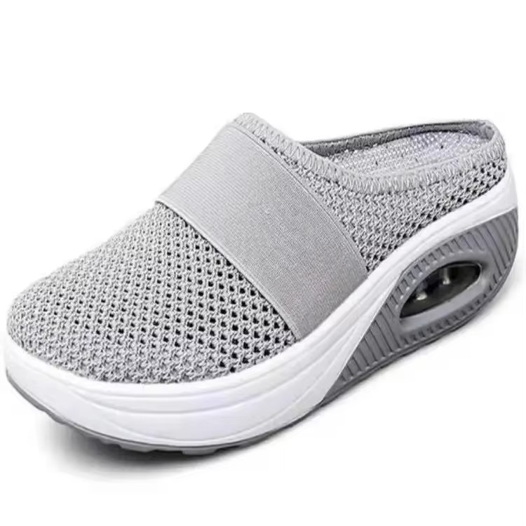 Women's gray mesh slip-on platform mules with comfort air cushion sole, lightweight walking shoes