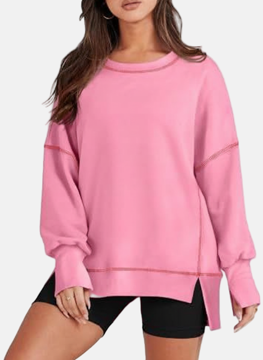 Women's oversized casual pullover sweatshirt relaxed fit with side slit hem for effortless layering