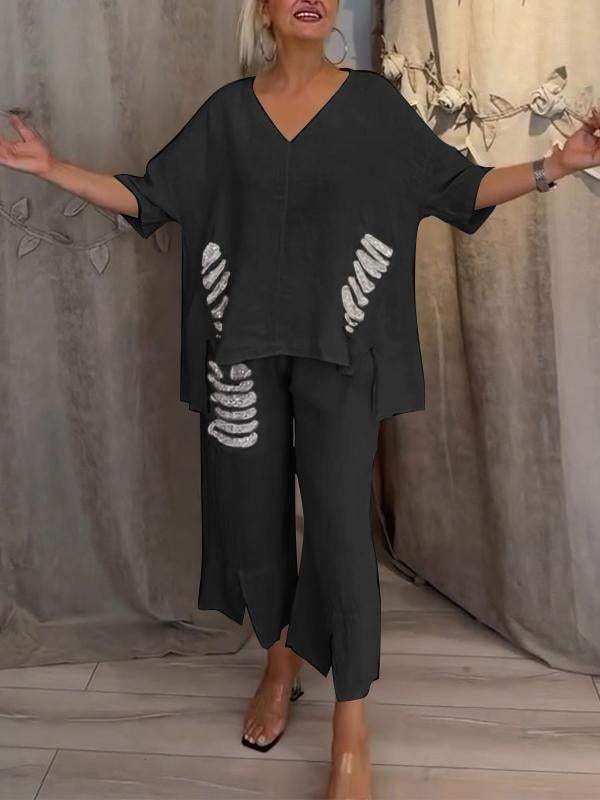 Women's ivory linen 2-piece set oversized V-neck top with sequin fringe pocket and cropped wide-leg pants