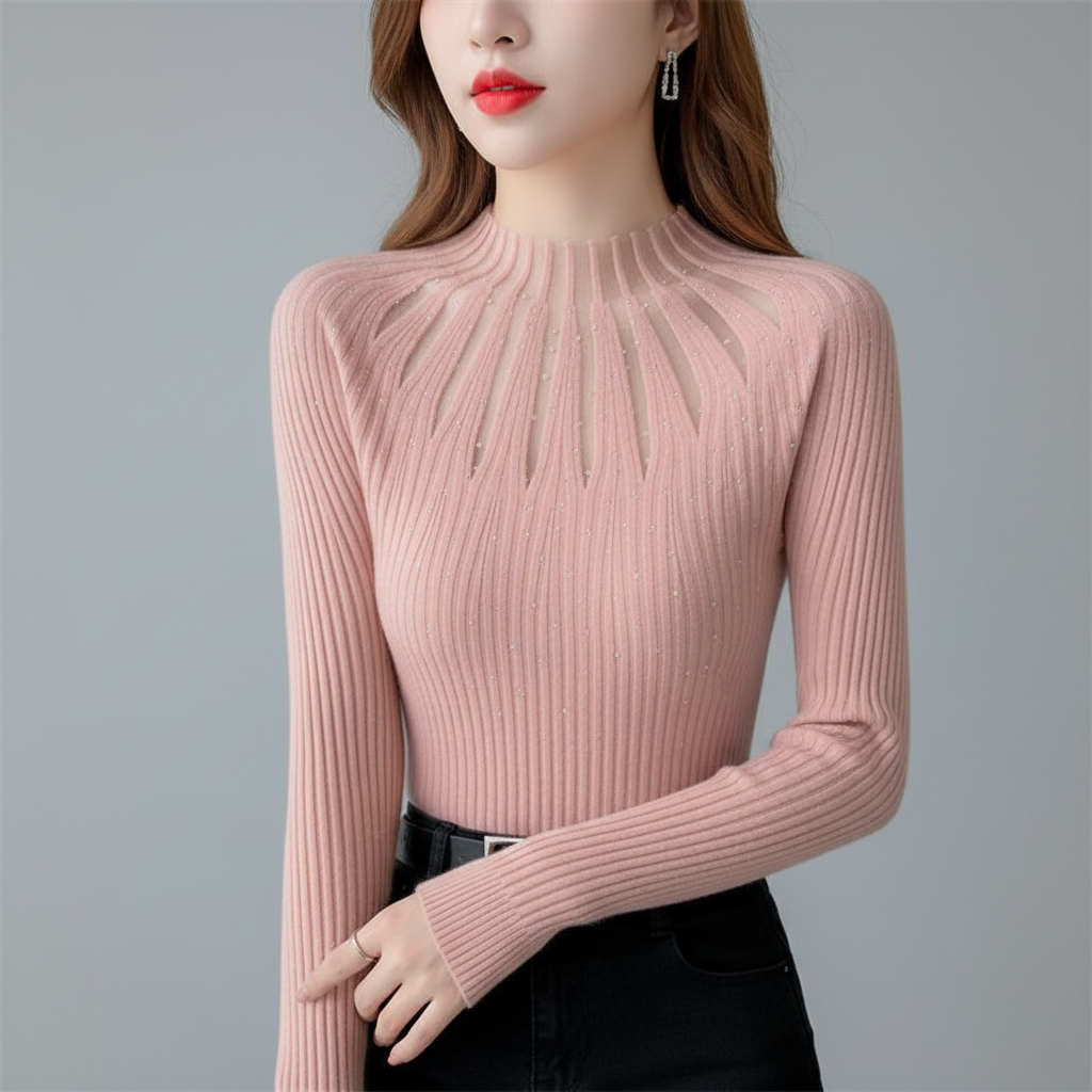Women's ribbed knit top in neutral tone, slim fit with elegant cutout detail for chic everyday style