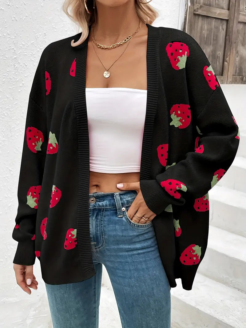 Women's oversized open-front knit cardigan with cozy strawberry pattern, perfect for fall layering
