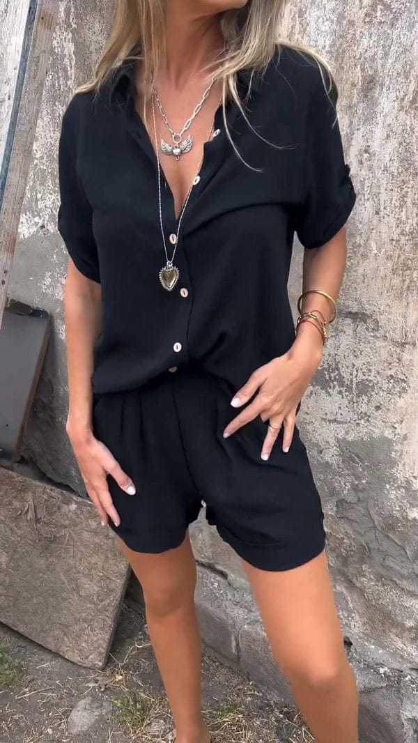 Lightweight matching shorts and top set in relaxed flowing silhouette, breathable warm-weather two-piece