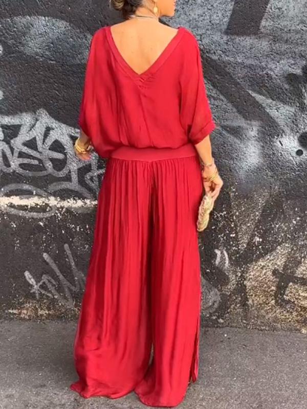 Olive green women's 2-piece batwing sleeve V-neck jumpsuit with wide leg pleated pants