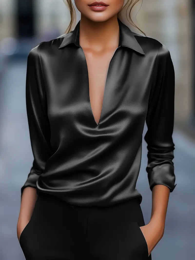 Premium satin V-neck blouse with graceful drape and slimming neckline for an elegant silhouette