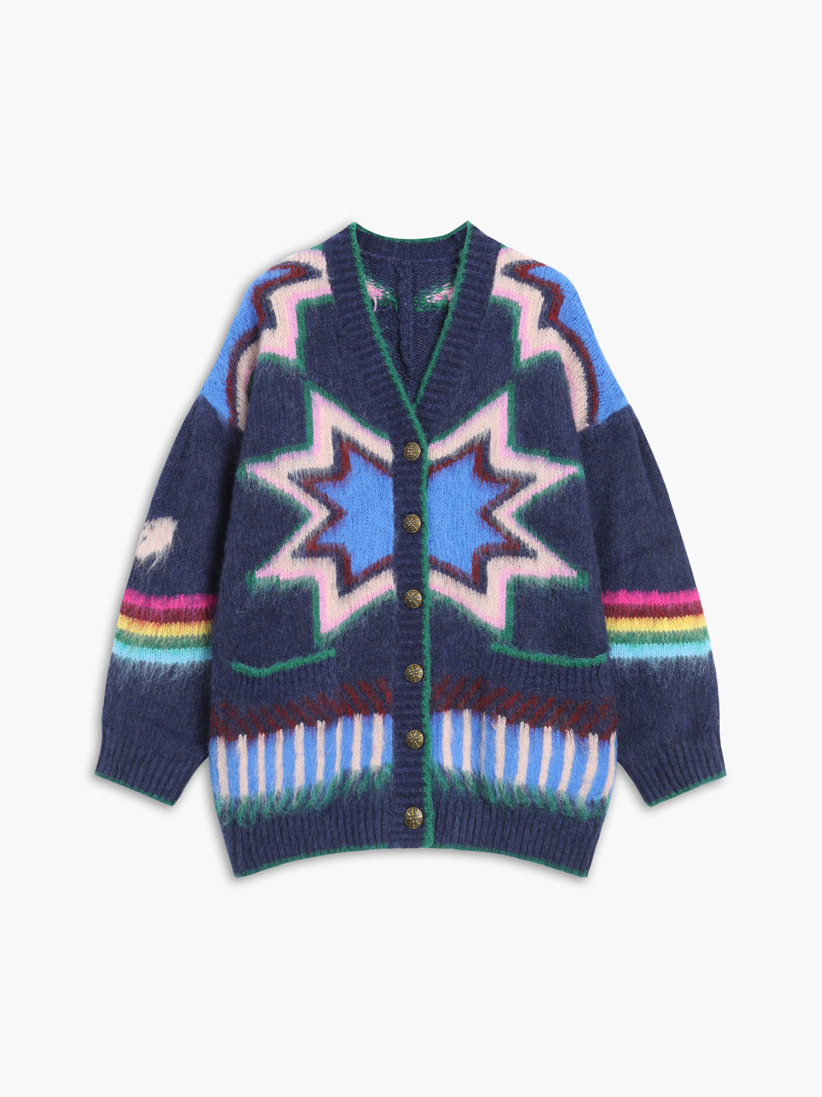 Women's geometric knit cardigan bold colorblock pattern button-front relaxed fit casual sweater
