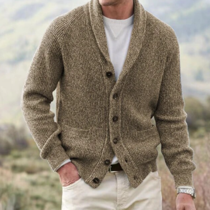 Men's shawl collar cardigan knit sweater with button closure, long sleeves, and front pockets