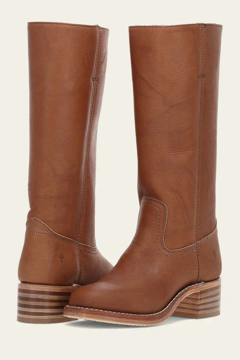 Women's brown leather mid-calf western boots classic silhouette with pull-on design
