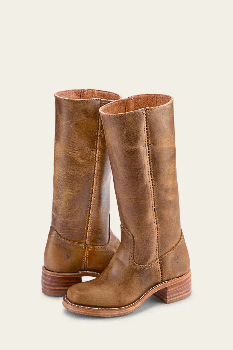 Women's brown leather mid-calf Western boots with classic silhouette and pull-on shaft design