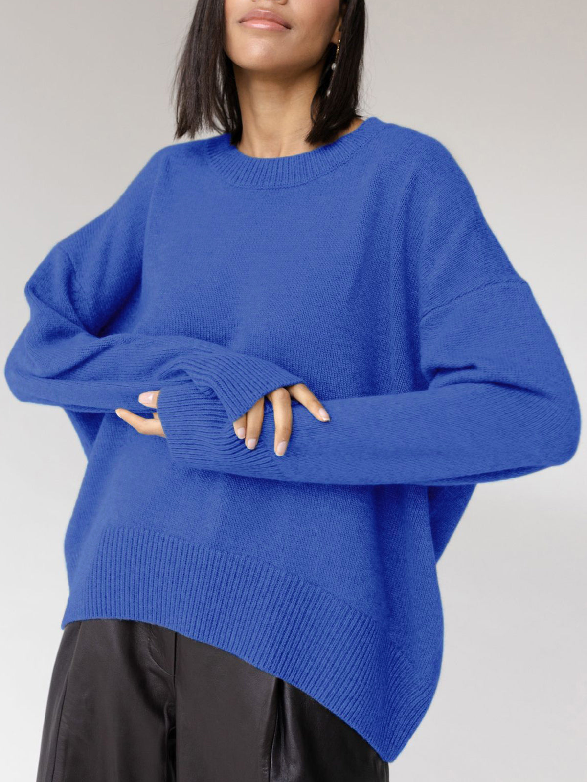 Candyfloss pink oversized pullover knit sweater with relaxed shift fit and medium stretch