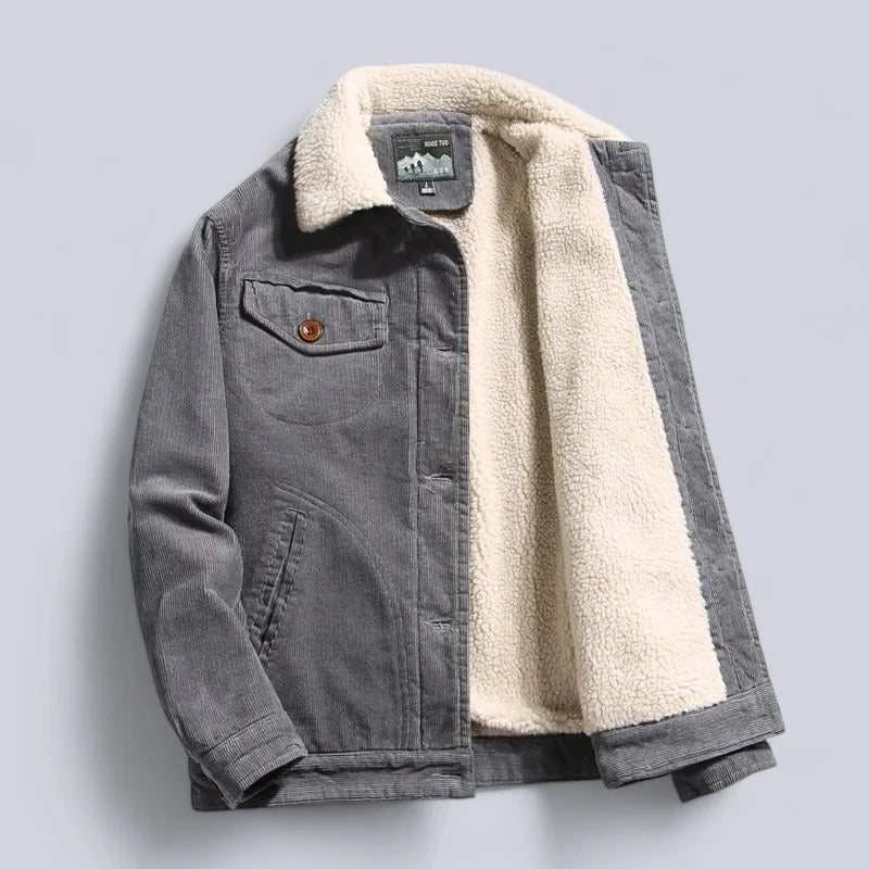 Brown heavy-duty corduroy jacket with fleece lining, structured fit, and multiple pockets