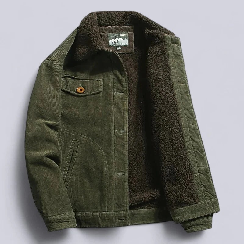 Brown heavy-duty corduroy jacket with fleece lining, structured fit, and multiple pockets