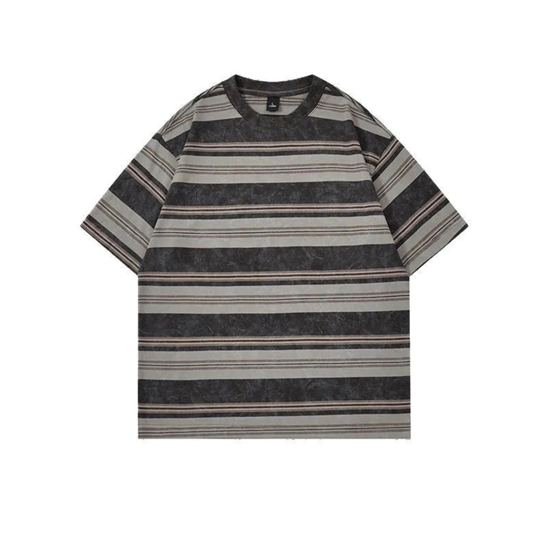 Oversized distressed striped cotton tee in sun-faded muted hues with vintage 90s boxy crew neck silhouette