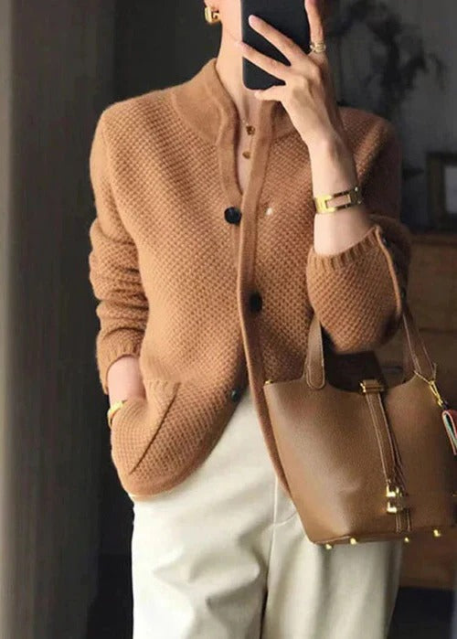 Cozy open-front knit cardigan in neutral tones, relaxed drape silhouette for effortless layering